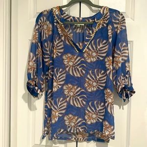 Jade Melody Tam Semi Sheer Detailed Blue Floral Top XS